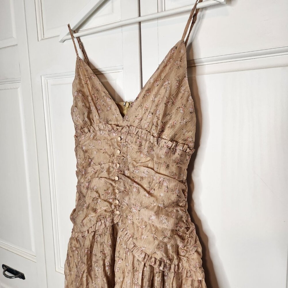 Storia Floral Tiered Midi Dress Cottagecore Boho Ruffle Tan Size M - Picture 4 of 12